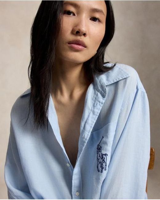 Polo Ralph Lauren Blue Oversize Fit Big Pony Linen Shirt