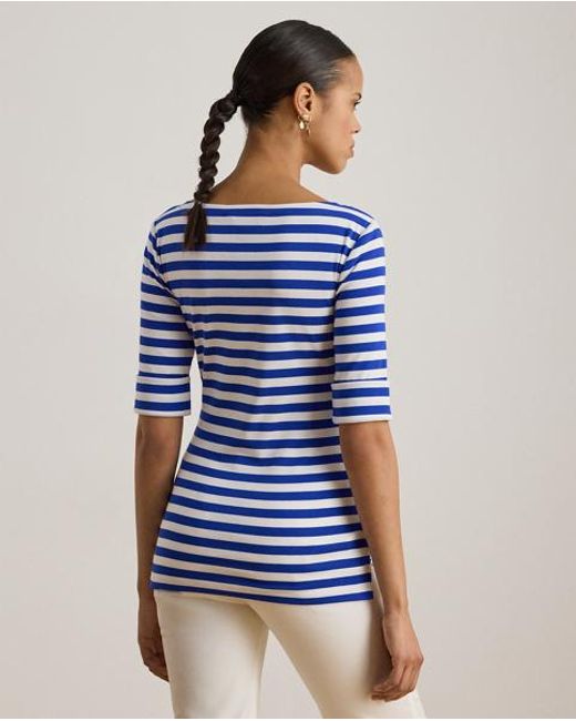 Ralph Lauren Blue Striped Stretch Cotton Boatneck T-Shirt