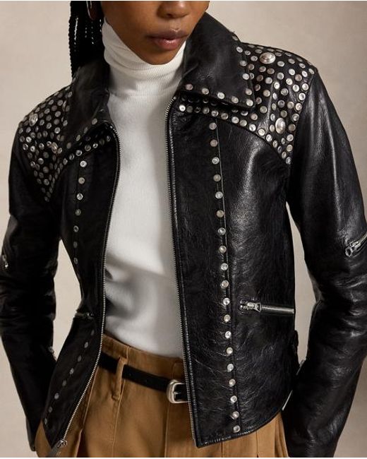 Polo Ralph Lauren Black Studded Leather Moto Jacket