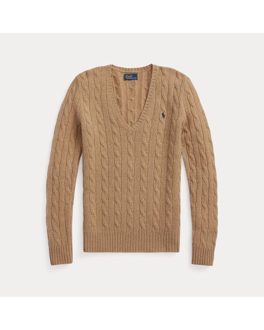 Polo Ralph Lauren Brown Cable-Knit Wool-Cashmere V-Neck Sweater
