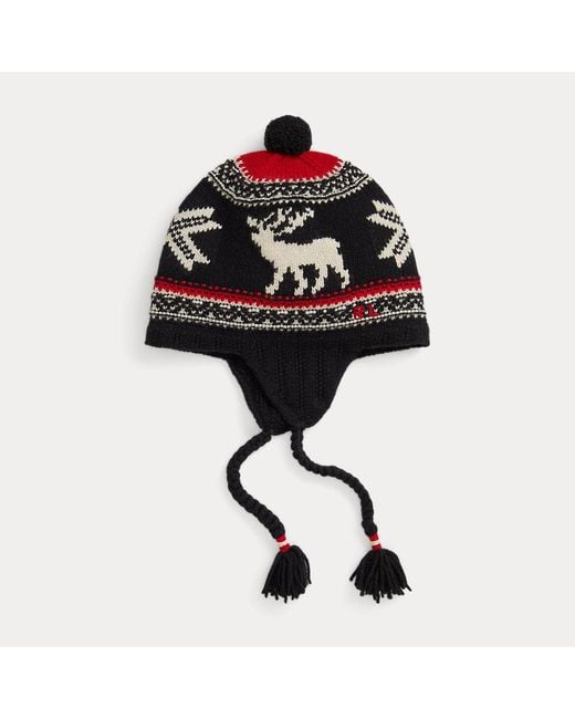 Ralph Lauren Black Reindeer Wool-Blend Earflap Hat for men