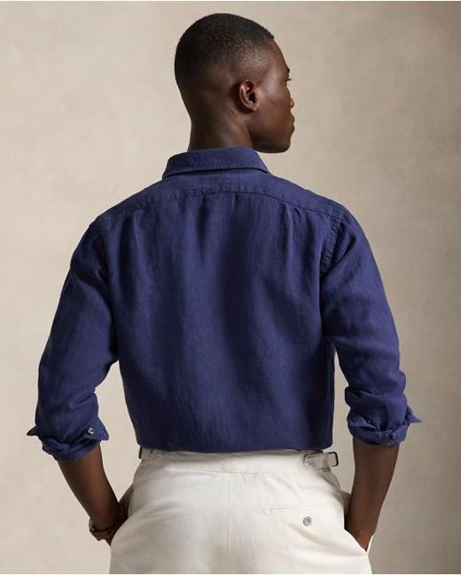 Polo Ralph Lauren Blue Custom Fit Slub Linen Shirt for men