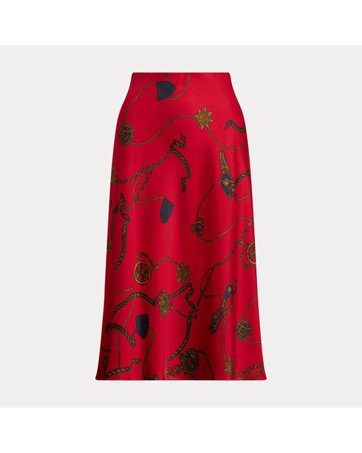 Ralph Lauren Red Satin-Charmeuse-Midirock Mit Gürteldruck