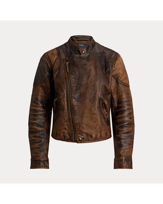 Giacca biker in pelle consumata di Polo Ralph Lauren in Brown