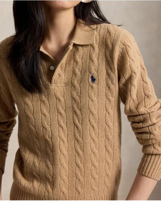 Polo Ralph Lauren Brown Cable-Knit Wool-Cashmere Polo Jumper