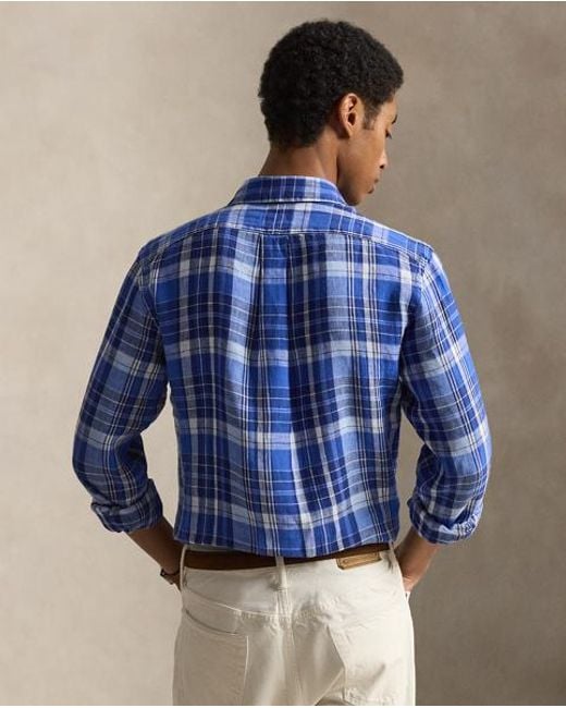 Polo Ralph Lauren Blue Custom Fit Plaid Linen Shirt for men