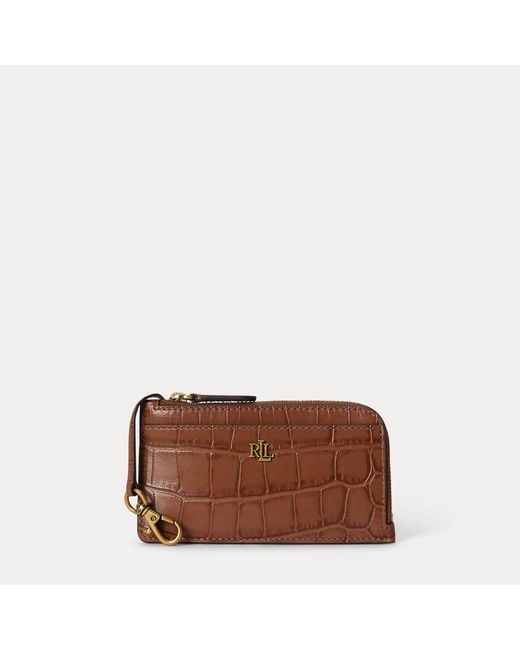Ralph Lauren Brown Croc-Embossed Leather L-Zip Card Case