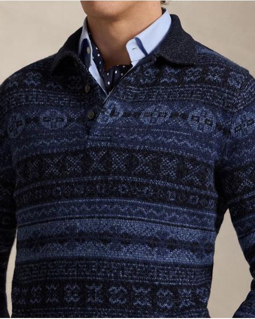 Polo Ralph Lauren Blue Fair Isle Wool And Linen-Blend Polo Sweater for men