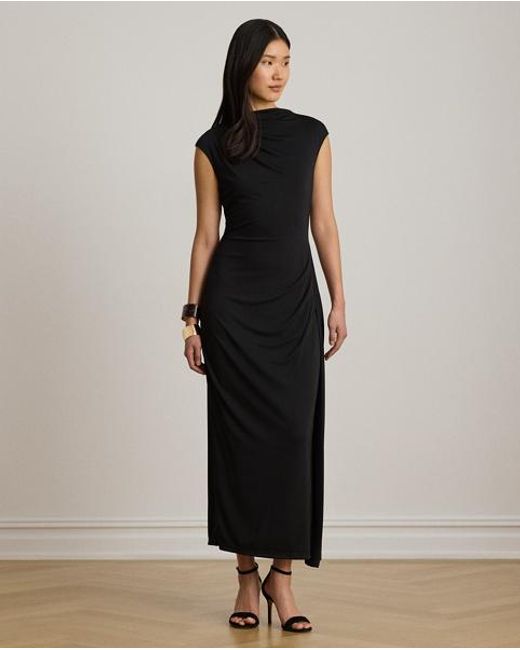 Ralph Lauren Black Pleated Jersey Boatneck Midi Dress
