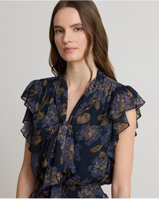 Ralph Lauren Black Floral Crinkle Georgette Tie-Neck Dress