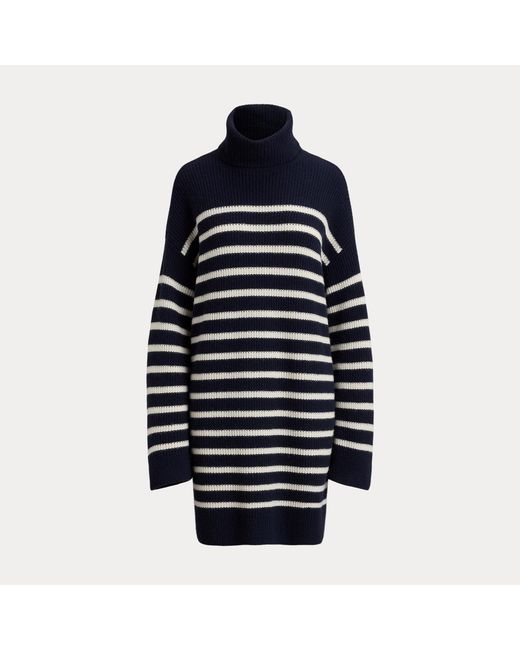 Ralph Lauren Black Striped Wool-Cashmere Turtleneck Dress