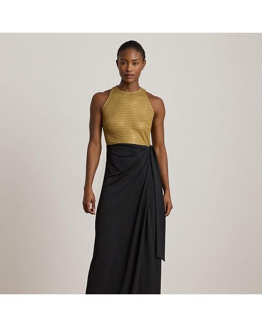 Ralph Lauren Black Beaded Mesh & Jersey Tie-Front Gown