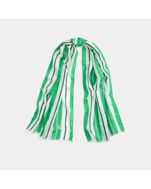 Ralph Lauren Green Striped Linen-Cotton Wrap Scarf