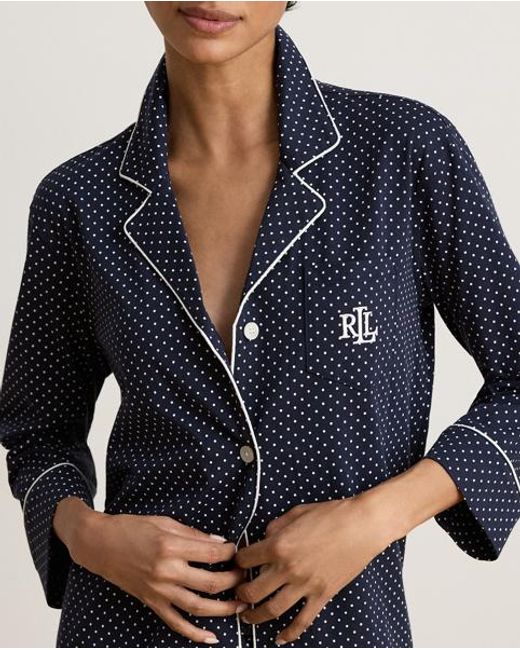 Ralph Lauren Blue Polka-Dot Cotton Jersey Capri Sleep Set