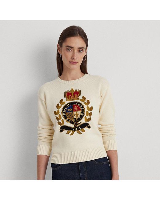 Lauren by Ralph Lauren Natural Ralph Lauren Intarsia-knit Crest Cotton-blend Sweater