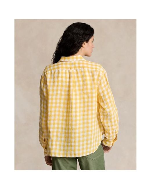 Camicia ampia e corta in lino vichy di Polo Ralph Lauren in Metallic