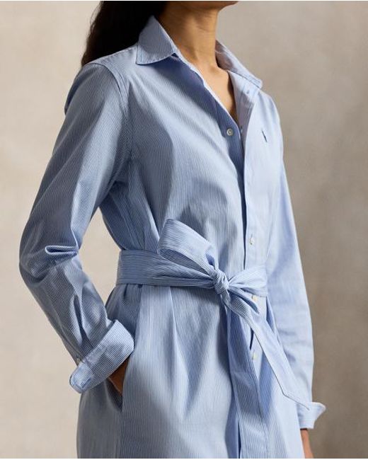 Polo Ralph Lauren Blue Belted Striped Cotton Shirtdress