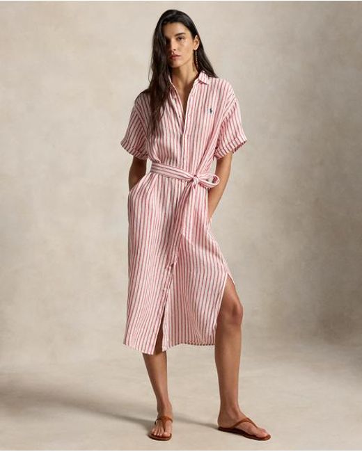 Polo Ralph Lauren Pink Short-Sleeved Striped Linen Shirt Dress