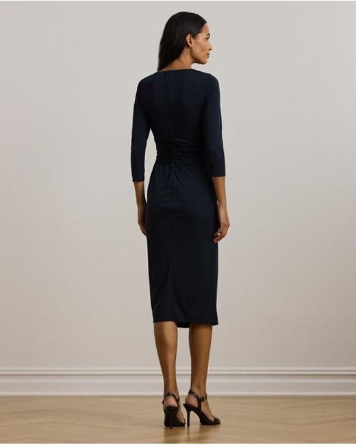 Ralph Lauren Stretchjersey Midi-Jurk Met Twist Voor in het Blue