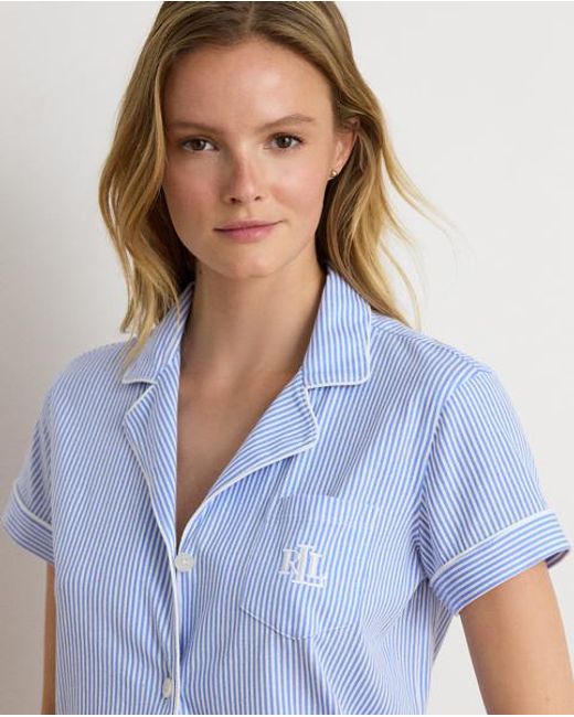 Ralph Lauren Blue Striped Cotton Jersey Boxer Sleep Set