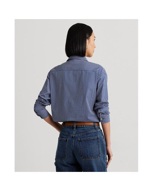 Camicia in popeline di cotone a righe di Lauren by Ralph Lauren in Blue