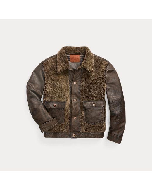 RRL Brown Shearling-Panelled Leather Jacket for men