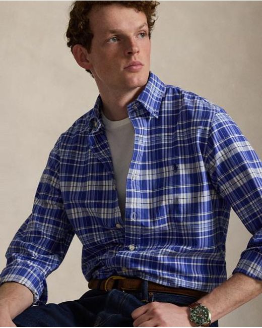 Polo Ralph Lauren Blue Custom Fit Plaid Oxford Shirt for men