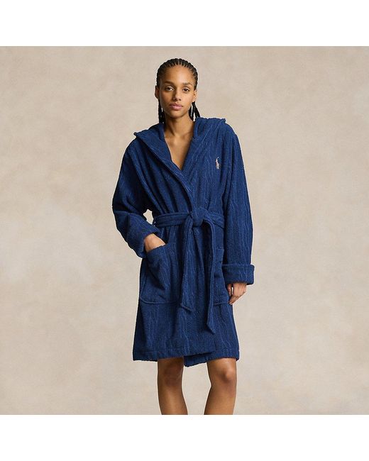 Ralph Lauren Blue Cable Cotton Terry Hooded Robe