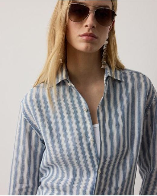 Ralph Lauren Blue Capri Relaxed Fit Striped Linen Shirt