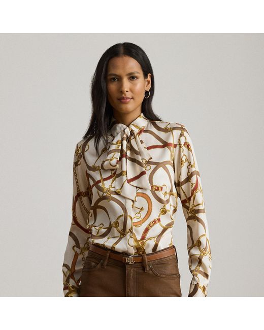 Ralph Lauren Brown Classic Fit Print Twill Tie-Neck Shirt