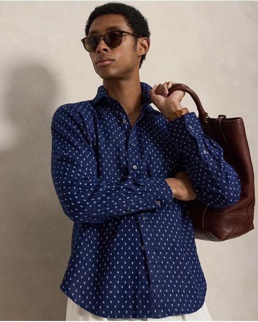 Polo Ralph Lauren Blue Custom Fit Geometric-Print Linen Shirt for men