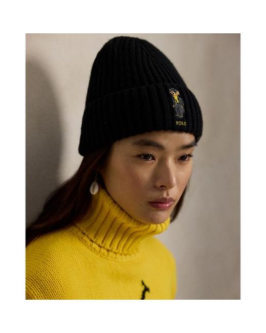 Berretto in lana a coste Polo Bear di Polo Ralph Lauren in Black