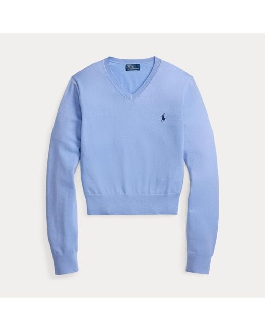 Polo Ralph Lauren Blue Cotton-Blend Shrunken V-Neck Jumper
