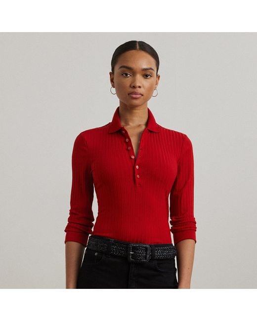 Ralph Lauren Rib-Knit Three-Quarter-Sleeve Polo Shirt in Red | Lyst UK Ralph Lauren Rib-Knit Three-Quarter-Sleeve Polo Shirt in Red | Lyst UK