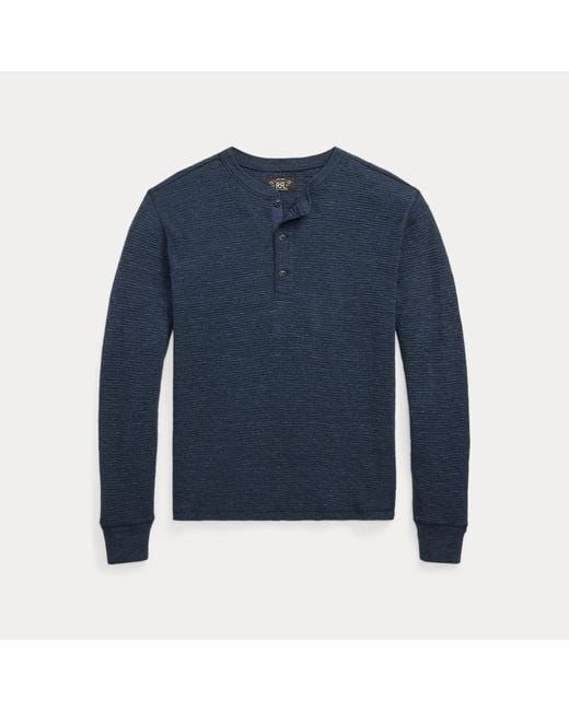 RRL Blue Garment-Dyed Waffle-Knit Henley Shirt for men