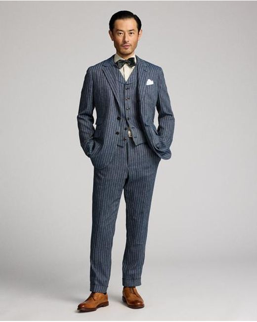 RRL Blue Striped Herringbone Shawl Waistcoat for men