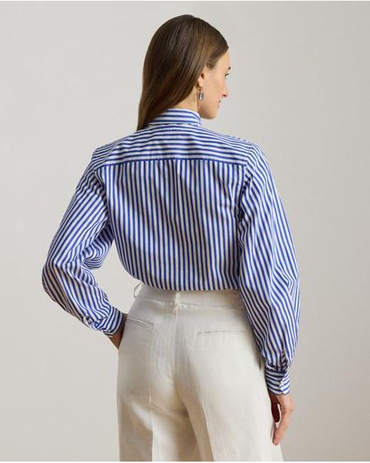 Ralph Lauren Blue Striped Cotton Broadcloth Tie-Neck Shirt