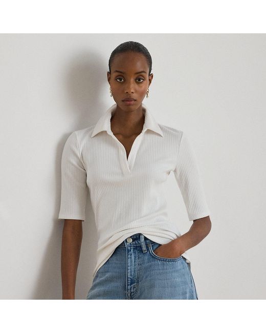 Ralph Lauren White Rib-Knit Elbow-Sleeve Polo Tee
