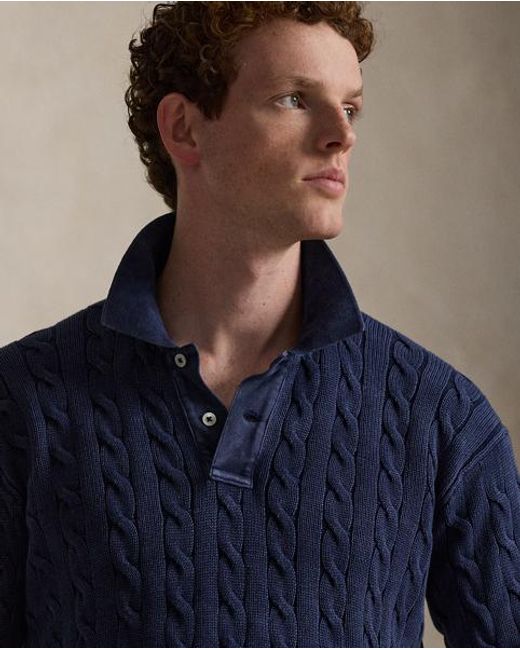 Polo Ralph Lauren Blue Relaxed Cable Cotton Polo-Collar Jumper for men