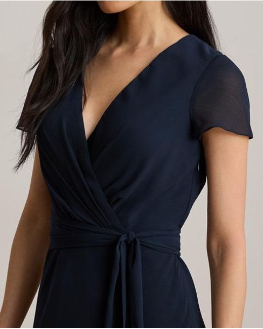 Ralph Lauren Blue Belted Crinkle Georgette Gown