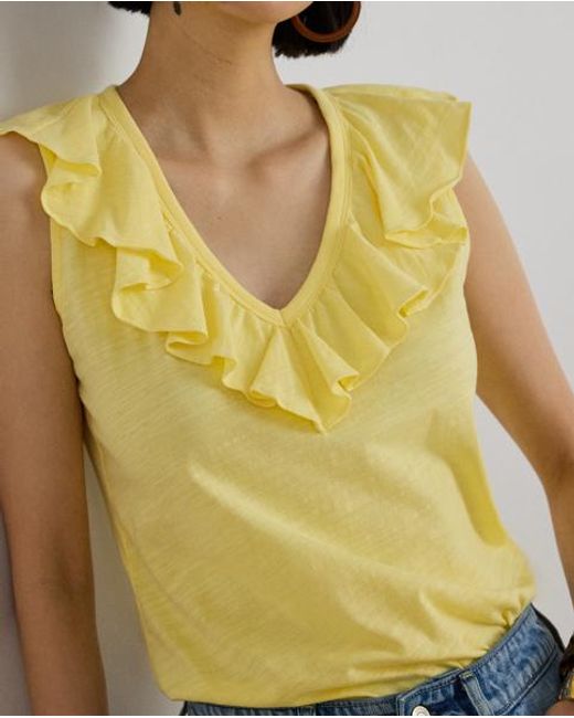 Ralph Lauren Yellow Ruffle-Trim Slub Jersey Sleeveless Top