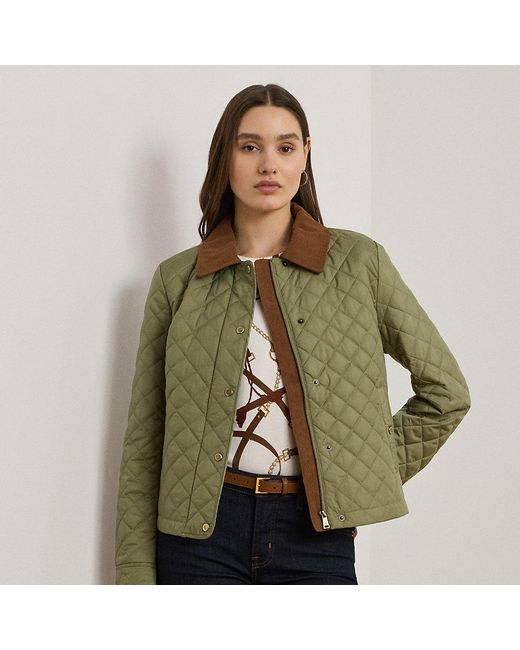 Ralph Lauren Green Corduroy-Trim Diamond-Quilted Jacket