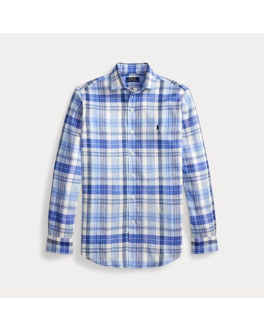 Polo Ralph Lauren Blue Custom Fit Plaid Linen-Blend Shirt for men
