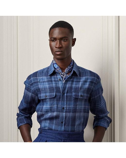Camicia scozzese in lino di Ralph Lauren Purple Label in Blue da Uomo