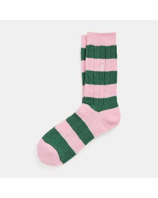 Polo Ralph Lauren Green Rugby-stripe Cable-knit Crew Socks