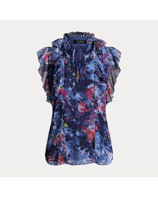 Ralph Lauren Blue Georgette-Bluse Mit Rüschen Und Druck