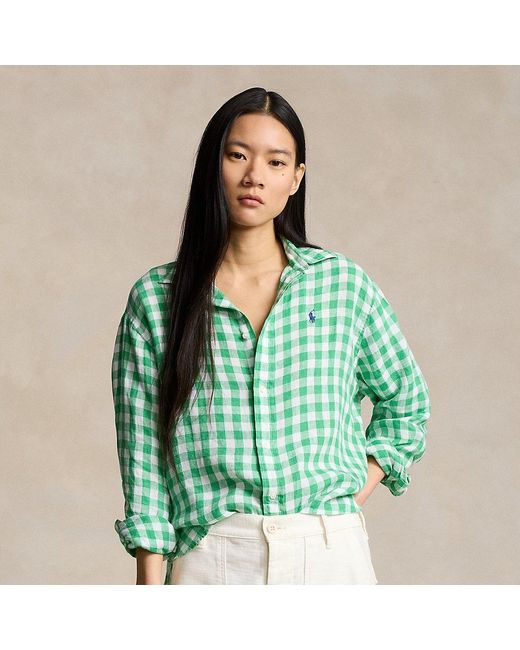 Polo Ralph Lauren Wide Cropped Gingham Linen Shirt in Green Lyst UK