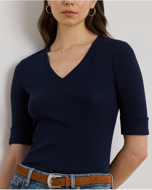 Camiseta De Algodón Con Cuello De Pico Ralph Lauren de color Blue