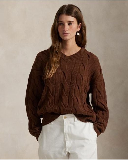 Polo Ralph Lauren Wollen-Kasjmier Kabeltrui Met V-Hals in het Brown