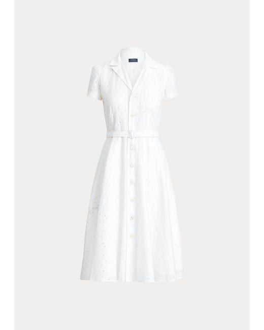 Robe ceinturée broderie anglaise de lin Polo Ralph Lauren en coloris White